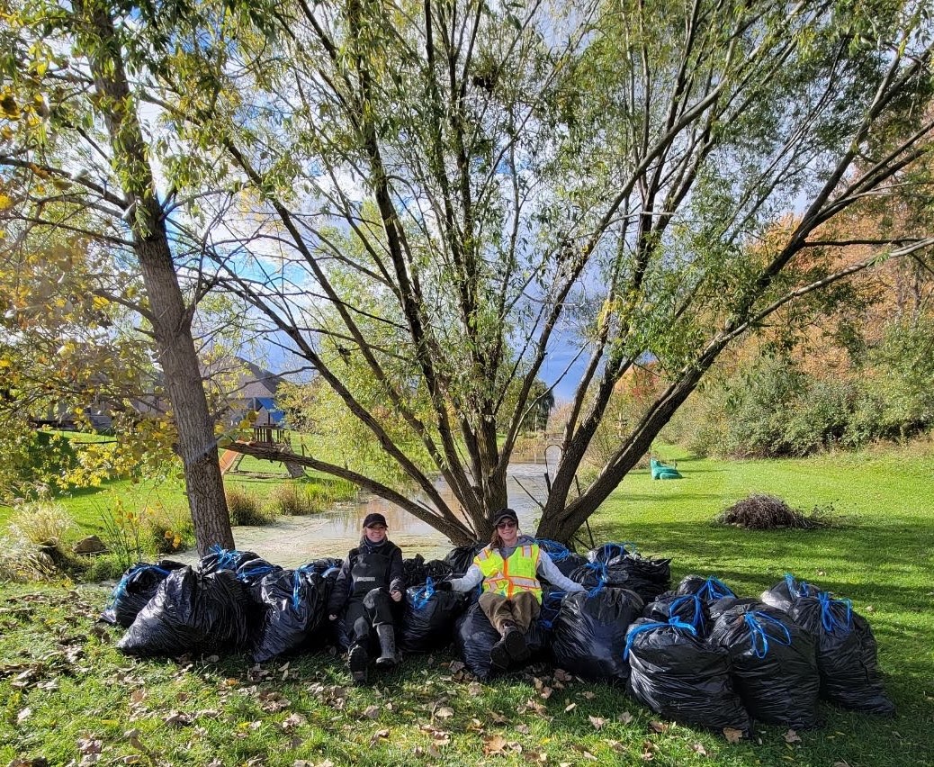 Water lettuce and water hyacinth removed and bagged for disposal.